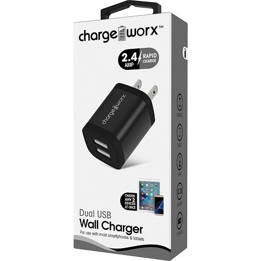 ChargeWorx 2.4A Dual USB Wall Charger Black