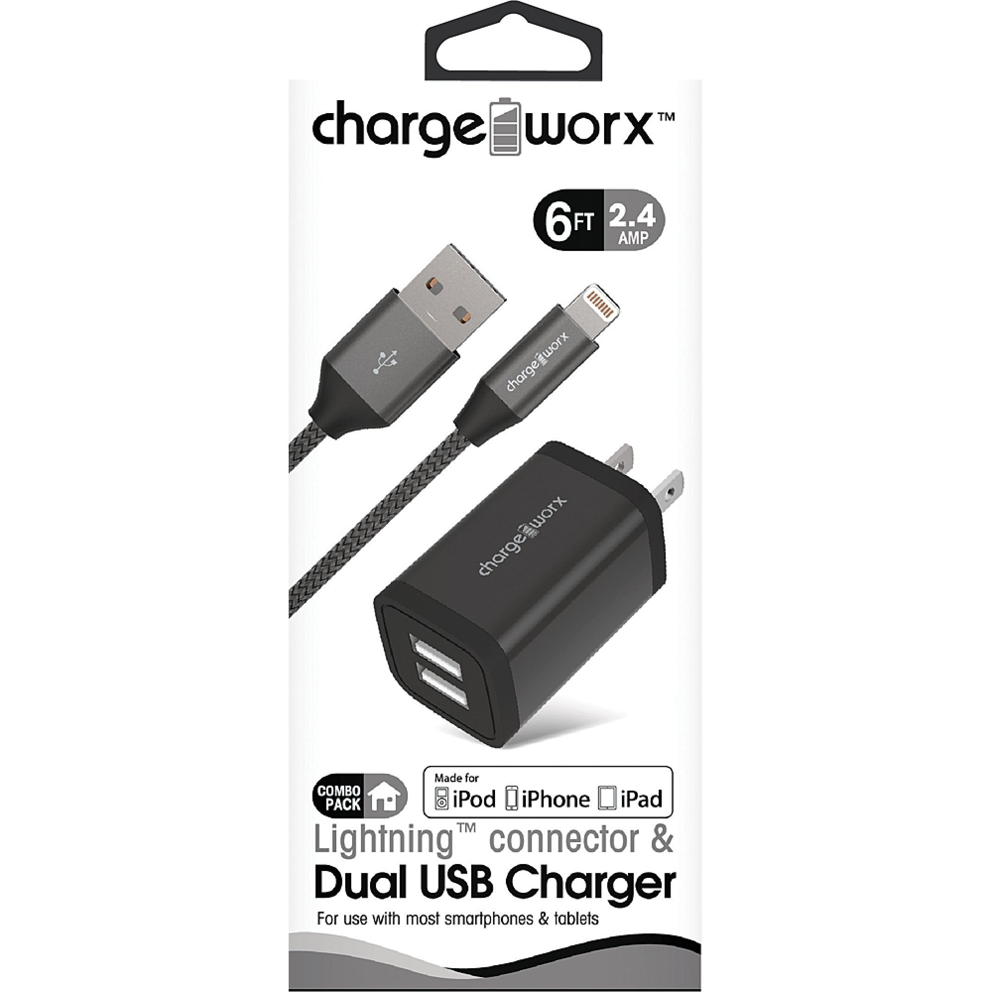 Chargeworx 2.4A Dual USB Metal Wall Charger 6ft Lightning Cable