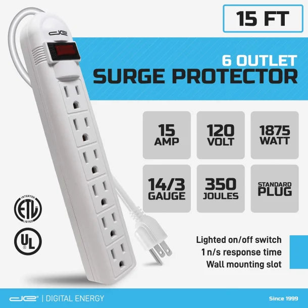 Digital Energy® 6-Outlet Surge Protector Power Strip 15'