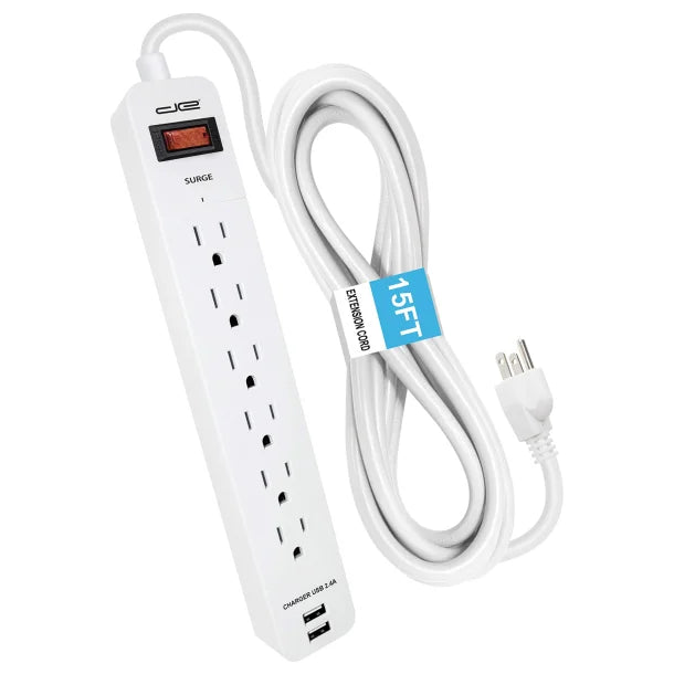 Digital Energy® 6-Outlet Surge Protector Power Strip with 2 USB Ports 15'