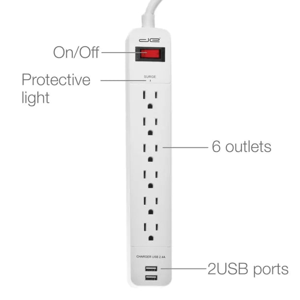 Digital Energy® 6-Outlet Surge Protector Power Strip with 2 USB Ports 15'