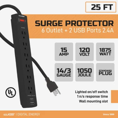 Digital Energy® 6-Outlet Surge Protector Power Strip with 2 USB Ports 25' Black