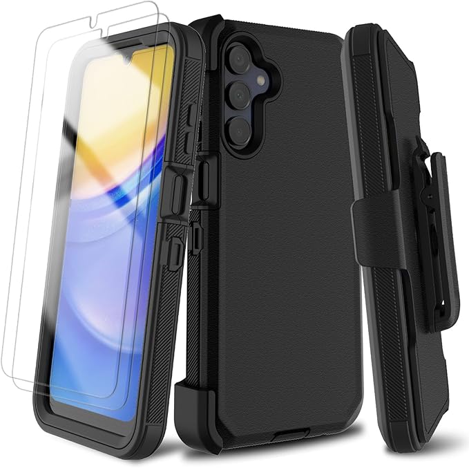 Lovpec Samsung Galaxy A15 5G Case with 2 Pack Screen Protector, Belt Clip Holster Kickstand Rugged Full-Body Heavy Duty Protection Military Grade Shockproof Cell Phone Cover (Black)