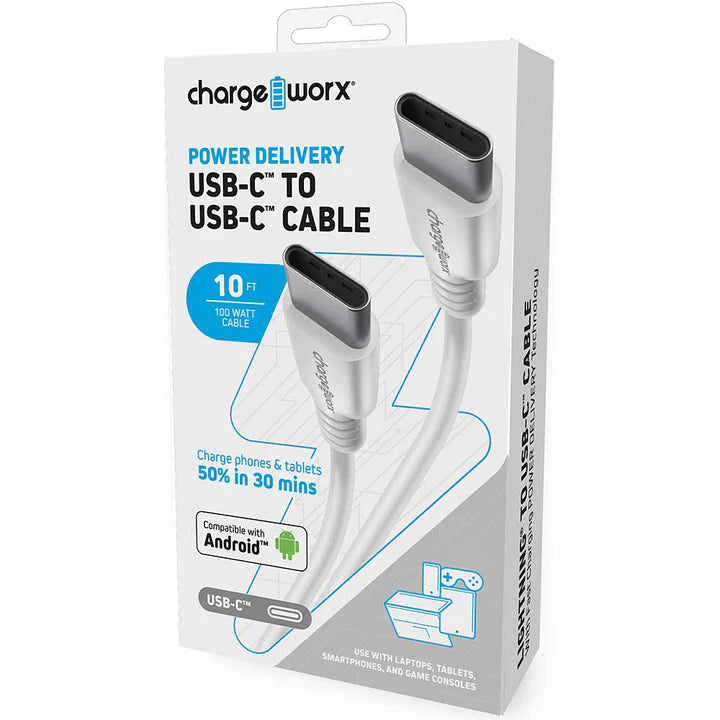 Chargeworx 10 FT USB-C to USB-C Cable with Fast Charging POWER DELIVERY Technology