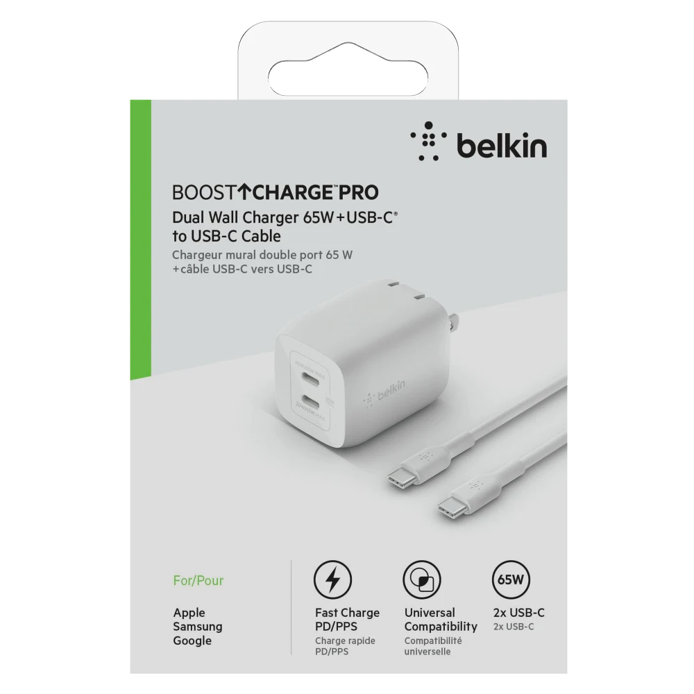 Belkin 65W Dual USB C GaN Wall Charger with PPS and USB C to USB C Cable