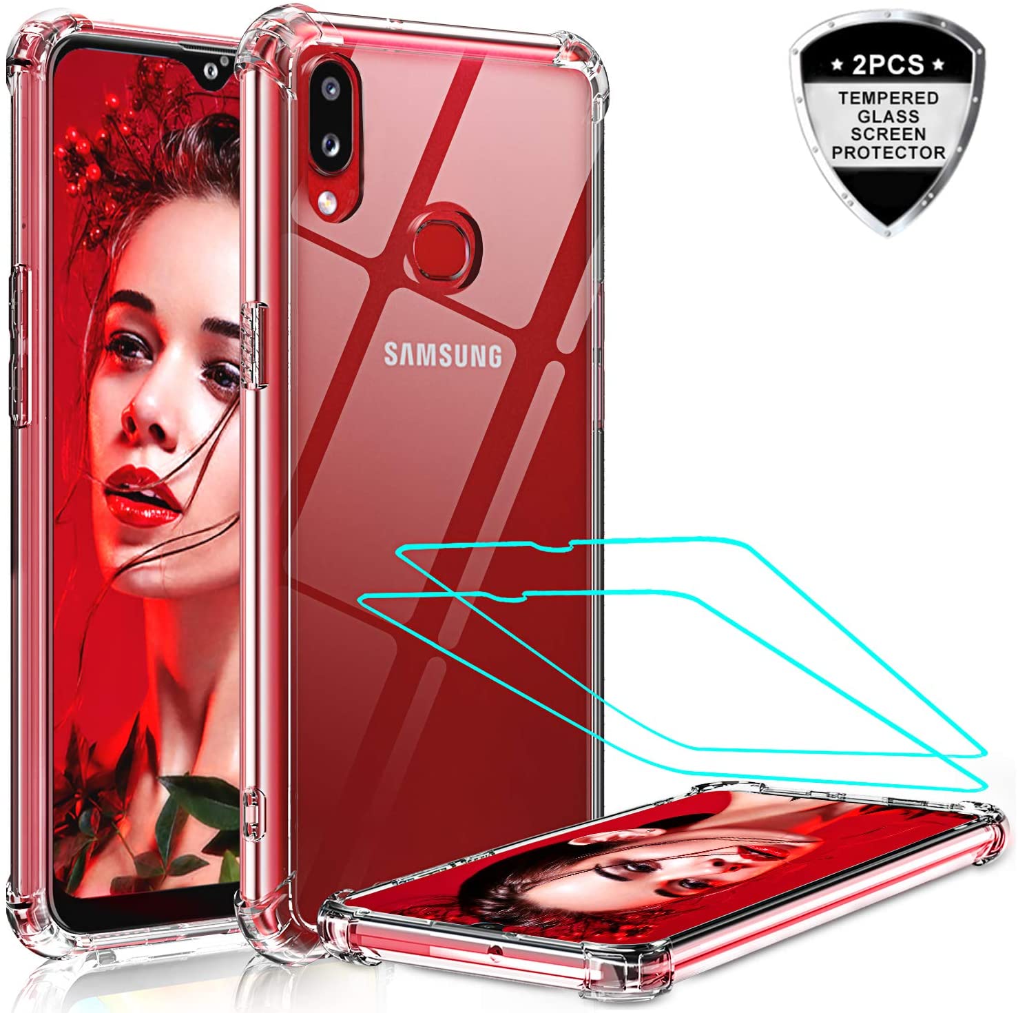 LeYi Samsung Galaxy A10S Case,Tempered Glass Screen Protector, Shockproof Crystal Clear Hard PC Bumper Slim Protective Phone Cover Cases CLEAR