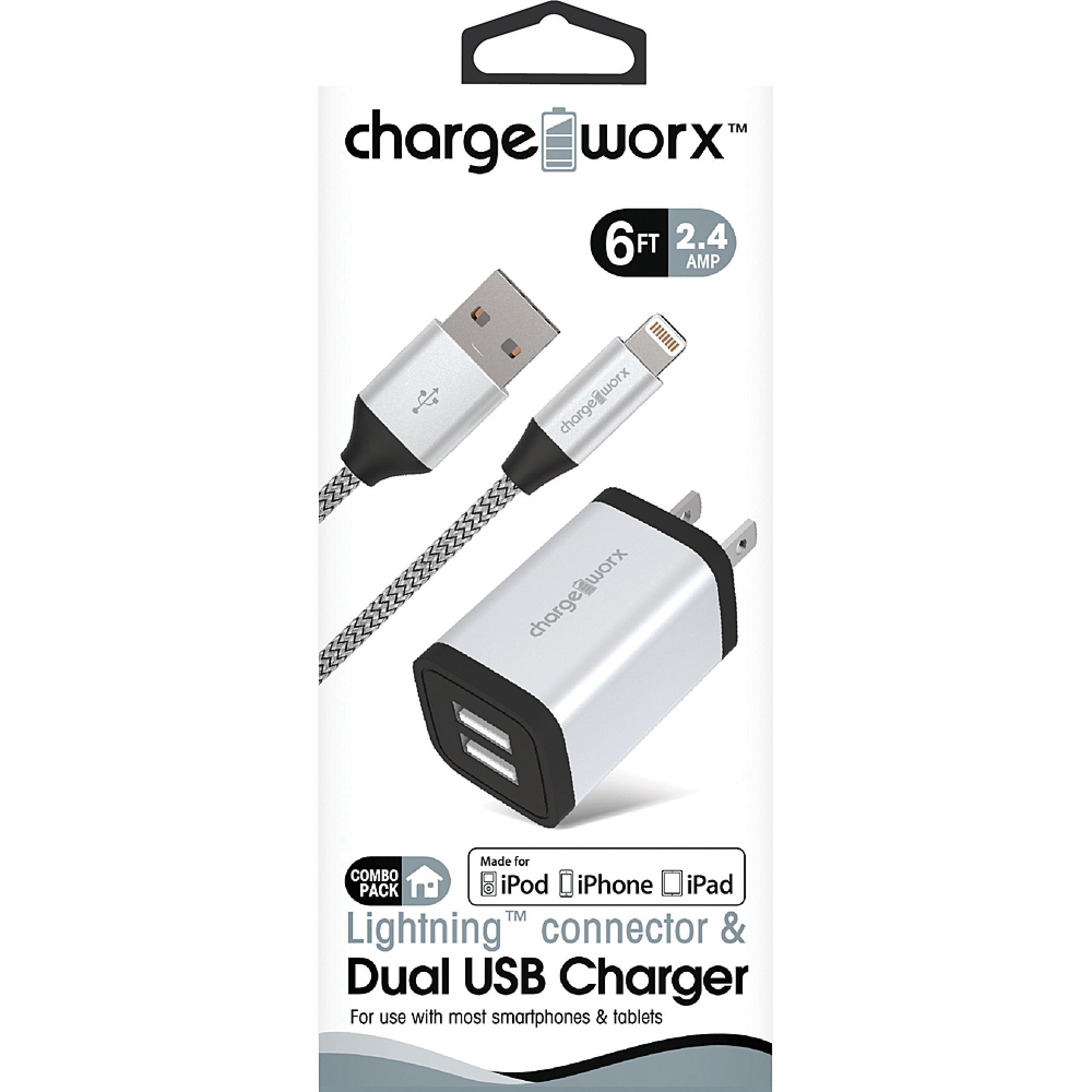 Chargeworx 2.4A Dual USB Metal Wall Charger 6ft Lightning Cable